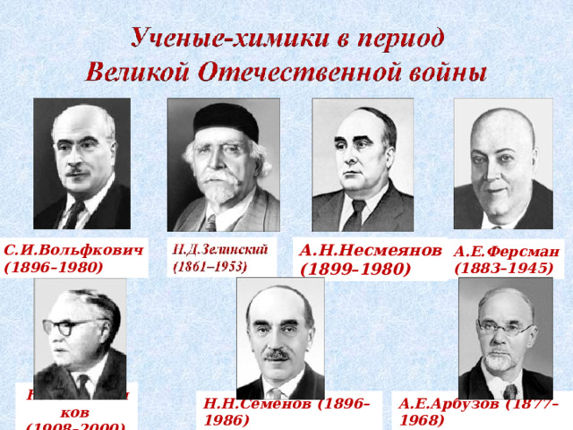 А.Н.Несмеянов  (1899–1980) С.И.Вольфкович  (1896–1980)  А.Е.Ферсман  (1883–1945)  Н.Н.Мельников (1908–2000) Н.Н.Семенов (1896–1986)  А.Е.Арбузов (1877–1968)  