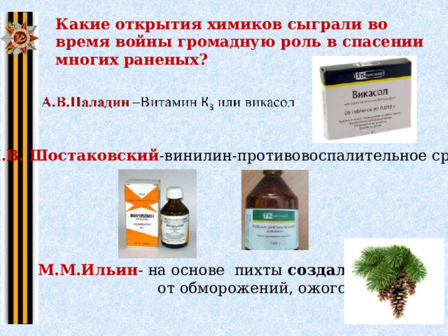 Какие открытия химиков сыграли во время войны громадную роль в спасении многих раненых? М.В. Шостаковский -винилин-противовоспалительное средство М.М.Ильин - на основе пихты создал бальзам    от обморожений, ожогов, ран 