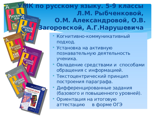 УМК по русскому языку. 5-9 классы  Л.М. Рыбченковой,  О.М. Александровой, О.В. Загоровской, А.Г.Нарушевича Когнитивно-коммуникативный подход. Установка на активную познавательную деятельность ученика. Овладение средствами и способами обращения с информацией. Текстоцентрический принцип построения параграфа. Дифференцированные задания (базового и повышенного уровней). Ориентация на итоговую аттестацию в форме ОГЭ 