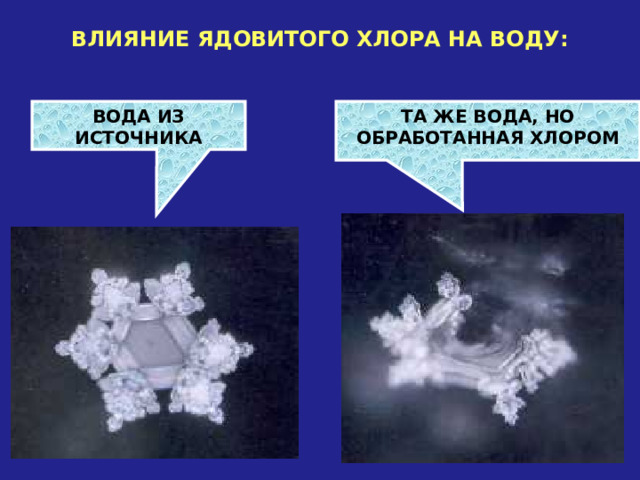 ВЛИЯНИЕ ЯДОВИТОГО ХЛОРА НА ВОДУ: ВОДА ИЗ ИСТОЧНИКА ТА ЖЕ ВОДА, НО ОБРАБОТАННАЯ ХЛОРОМ 