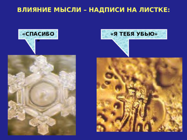 ВЛИЯНИЕ МЫСЛИ – НАДПИСИ НА ЛИСТКЕ: «СПАСИБО»  «Я ТЕБЯ УБЬЮ»  