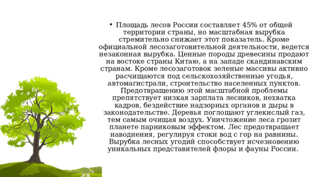Площадь лесов России составляет 45% от общей территории страны, но масштабная вырубка стремительно снижает этот показатель. Кроме официальной лесозаготовительной деятельности, ведется незаконная вырубка. Ценные породы древесины продают на востоке страны Китаю, а на западе скандинавским странам. Кроме лесозаготовок зеленые массивы активно расчищаются под сельскохозяйственные угодья, автомагистрали, строительство населенных пунктов. Предотвращению этой масштабной проблемы препятствует низкая зарплата лесников, нехватка кадров, бездействие надзорных органов и дыры в законодательстве. Деревья поглощают углекислый газ, тем самым очищая воздух. Уничтожение леса грозит планете парниковым эффектом. Лес предотвращает наводнения, регулируя стоки вод с гор на равнины. Вырубка лесных угодий способствует исчезновению уникальных представителей флоры и фауны России. 