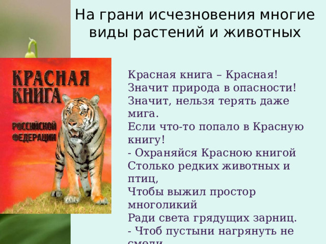 На грани исчезновения многие виды растений и животных Красная книга – Красная!  Значит природа в опасности!  Значит, нельзя терять даже мига.  Если что-то попало в Красную книгу!  - Охраняйся Красною книгой  Столько редких животных и птиц,  Чтобы выжил простор многоликий  Ради света грядущих зарниц.  - Чтоб пустыни нагрянуть не смели,  Чтобы души не стали пусты,  Охраняются звери,  Охраняются змеи,  Охраняются даже цветы! 