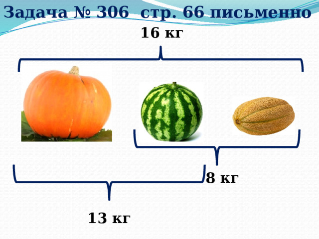 Задача № 306 стр. 66 письменно 16 кг 8 кг 13 кг 