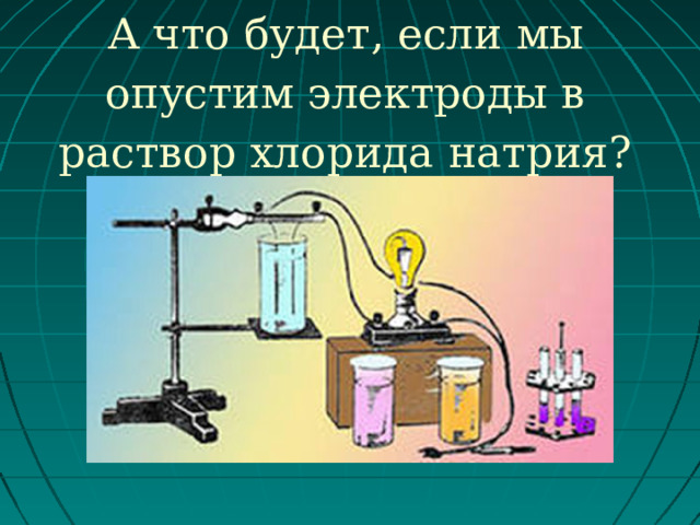 А что будет, если мы опустим электроды в раствор хлорида натрия?   