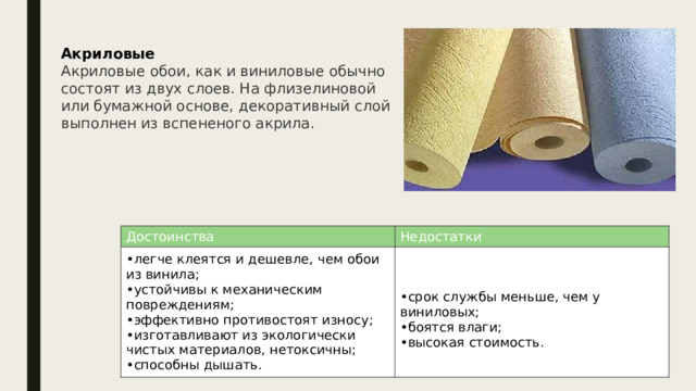 Акриловые Акриловые обои, как и виниловые обычно состоят из двух слоев. На флизелиновой или бумажной основе, декоративный слой выполнен из вспененого акрила. Достоинства легче клеятся и дешевле, чем обои из винила; устойчивы к механическим повреждениям; эффективно противостоят износу; изготавливают из экологически чистых материалов, нетоксичны; способны дышать. Недостатки   срок службы меньше, чем у виниловых; боятся влаги; высокая стоимость. 