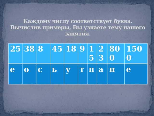 Каждому числу соответствует буква. Вычислив примеры, Вы узнаете тему нашего занятия. 25 е 38 о 8 45 с ь 18 9 у т 15 23 п а 800 1500 н е 