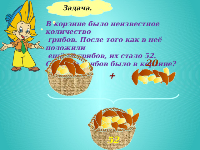 Задача.  В корзине было неизвестное количество  грибов. После того как в неё положили  ещё 20 грибов, их стало 52. Сколько грибов было в корзине? 20 + 52 