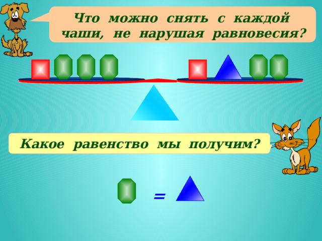 Что можно снять с каждой чаши, не нарушая равновесия? Какое равенство мы получим? = 