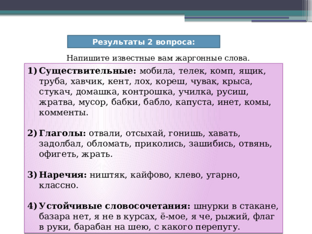 Результаты 2 вопроса: Напишите известные вам жаргонные слова. Существительные: мобила, телек, комп, ящик, труба, хавчик, кент, лох, кореш, чувак, крыса, стукач, домашка, контрошка, училка, русиш, жратва, мусор, бабки, бабло, капуста, инет, комы, комменты. Глаголы: отвали, отсыхай, гонишь, хавать, задолбал, обломать, приколись, зашибись, отвянь, офигеть, жрать. Наречия: ништяк, кайфово, клево, угарно, классно. Устойчивые словосочетания: шнурки в стакане, базара нет, я не в курсах, ё-мое, я че, рыжий, флаг в руки, барабан на шею, с какого перепугу. 