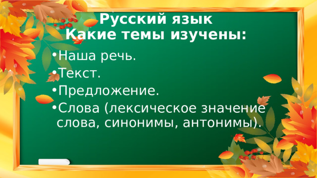 Русский язык  Какие темы изучены: Наша речь. Текст. Предложение. Слова (лексическое значение слова, синонимы, антонимы). 