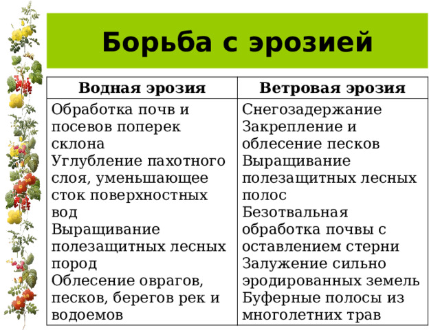 Борьба с эрозией Водная эрозия Ветровая эрозия Обработка почв и посевов поперек склона Углубление пахотного слоя, уменьшающее сток поверхностных вод Снегозадержание Закрепление и облесение песков Выращивание полезащитных лесных пород Облесение оврагов, песков, берегов рек и водоемов Выращивание полезащитных лесных полос Безотвальная обработка почвы с оставлением стерни Залужение сильно эродированных земель Буферные полосы из многолетних трав 