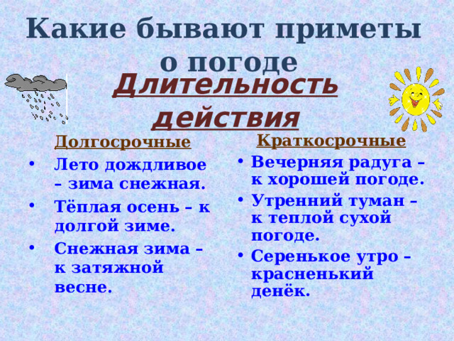 Какие бывают приметы  о погоде Длительность действия Долгосрочные Лето дождливое – зима снежная. Тёплая осень – к долгой зиме. Снежная зима – к затяжной весне. Краткосрочные Вечерняя радуга – к хорошей погоде. Утренний туман – к теплой сухой погоде. Серенькое утро – красненький денёк.  