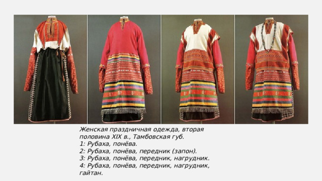 Женская праздничная одежда, вторая половина XIX в., Тамбовская губ.  1: Рубаха, понёва.  2: Рубаха, понёва, передник (запон).  3: Рубаха, понёва, передник, нагрудник.  4: Рубаха, понёва, передник, нагрудник, гайтан. 