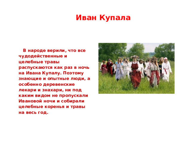  Иван Купала    В народе верили, что все чудодейственные и целебные травы распускаются как раз в ночь на Ивана Купалу. Поэтому знающие и опытные люди, а особенно деревенские лекари и знахари, ни под каким видом не пропускали Ивановой ночи и собирали целебные коренья и травы на весь год. 
