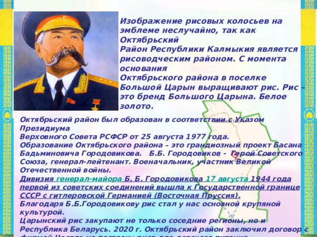 Описание эмблемы: - золотисто – желтый цвет – это цвет ламаизма, направление в буддизме, так как я проживаю в Республике Калмыкия, большинство жителей республики исповедуют буддизм. В моем проекте солнце означает свет, добро, наступление лучших времен, так как наша страна участвует в специальной военной операции. - Флаги Российской Федерации и Республики Калмыкия символизируют единство и дружбу народов России и Калмыкии. В центре эмблемы изображена школа – Большецарынская школа № 1, в которой я учусь. - Рисовые колоски на эмблеме говорят о том, что в нашем Октябрьском районе основным сельскохозяйственным занятием является выращивание риса. Изображение рисовых колосьев на эмблеме неслучайно, так как Октябрьский район Республики Калмыкия является рисоводческим районом. С момента основания Октябрьского района выращивают рис. 