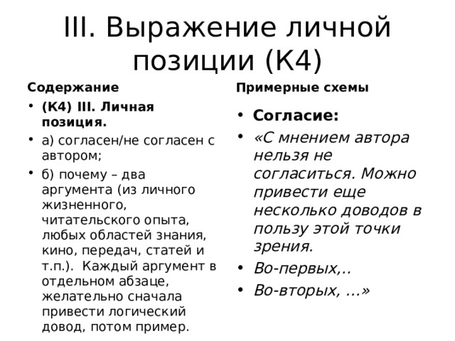 III . Выражение личной позиции (К4) Содержание Примерные схемы (К4) III . Личная позиция.  а) согласен/не согласен с автором; б) почему – два аргумента (из личного жизненного, читательского опыта, любых областей знания, кино, передач, статей и т.п.). Каждый аргумент в отдельном абзаце, желательно сначала привести логический довод, потом пример. Согласие: «С мнением автора нельзя не согласиться. Можно привести еще несколько доводов в пользу этой точки зрения. Во-первых,.. Во-вторых, …»  