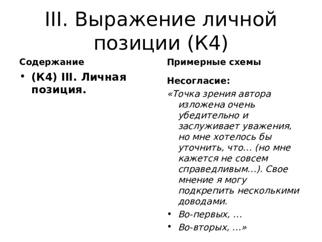 III . Выражение личной позиции (К4) Содержание Примерные схемы (К4) III . Личная позиция.   Несогласие: «Точка зрения автора изложена очень убедительно и заслуживает уважения, но мне хотелось бы уточнить, что… (но мне кажется не совсем справедливым…). Свое мнение я могу подкрепить несколькими доводами. Во-первых, … Во-вторых, …»  
