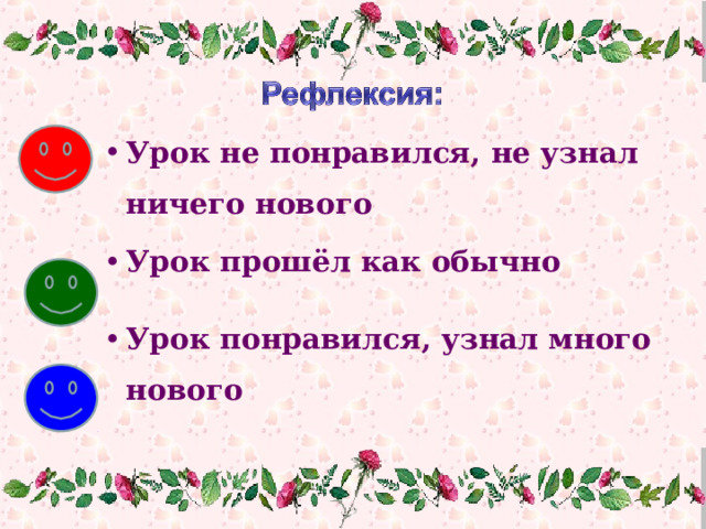 Урок не понравился, не узнал ничего нового Урок прошёл как обычно  Урок понравился, узнал много нового 