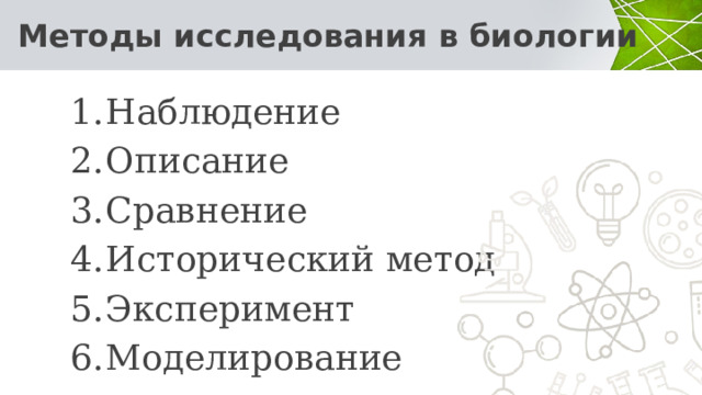  Методы исследования в биологии Наблюдение Описание Сравнение Исторический метод Эксперимент Моделирование 