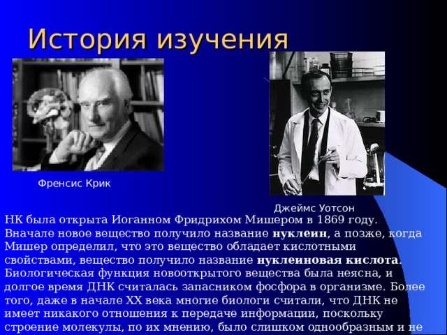 История изучения Френсис Крик Джеймс Уотсон НК была открыта Иоганном Фридрихом Мишером в 1869 году. Вначале новое вещество получило название нуклеин , а позже, когда Мишер определил, что это вещество обладает кислотными свойствами, вещество получило название нуклеиновая кислота . Биологическая функция новооткрытого вещества была неясна, и долгое время ДНК считалась запасником фосфора в организме. Более того, даже в начале XX века многие биологи считали, что ДНК не имеет никакого отношения к передаче информации, поскольку строение молекулы, по их мнению, было слишком однообразным и не могло содержать закодированную информацию. 