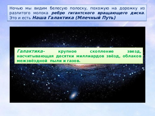Ночью мы видим белесую полоску, похожую на дорожку из разлитого молока ребро гигантского вращающего диска . Это и есть Наша Галактика (Млечный Путь) Галактика- крупное скопление звезд, насчитывающая десятки миллиардов звёзд, облаков межзвёздной пыли и газов. 