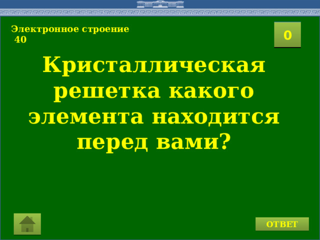 Электронное строение  40 2 1 3 4 0 5 7 6 8 9 10 11 15 16 14 17 12 19 13 18 20 Кристаллическая решетка какого элемента находится перед вами? ОТВЕТ  