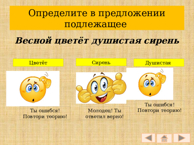 Определите в предложении подлежащее Весной цветёт душистая сирень Сирень Цветёт Душистая Ты ошибся! Повтори теорию! Ты ошибся! Повтори теорию! Молодец! Ты ответил верно! 