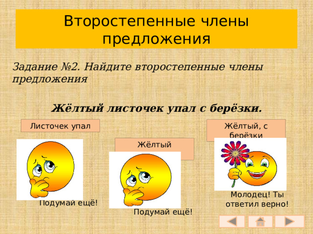 Второстепенные члены предложения Задание №2. Найдите второстепенные члены предложения Жёлтый листочек упал с берёзки. Листочек упал Жёлтый, с берёзки Жёлтый листочек Молодец! Ты ответил верно! Подумай ещё! Подумай ещё! 