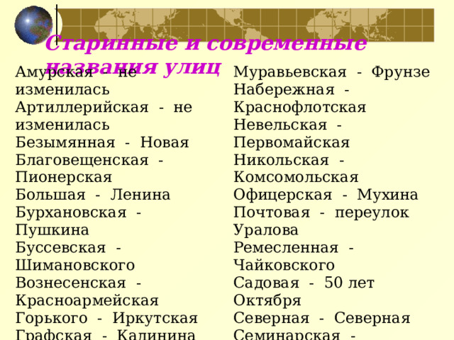 Старинные и современные названия улиц   Амурская  -  не изменилась Артиллерийская  -  не изменилась Безымянная  -  Новая Благовещенская  -  Пионерская Большая  -  Ленина Бурхановская  -  Пушкина Буссевская  -  Шимановского Вознесенская  -  Красноармейская Горького  -  Иркутская Графская  -  Калинина Загородная  -  Загородная Зейская  -  не изменилась Муравьевская  -  Фрунзе Набережная  -  Краснофлотская Невельская  -  Первомайская Никольская  -  Комсомольская Офицерская  -  Мухина Почтовая  -  переулок Уралова Ремесленная  -  Чайковского Садовая  -  50 лет Октября Северная  -  Северная Семинарская  -  Политехническая Соборная  -  Октябрьская Станичная  -  Трудовая 