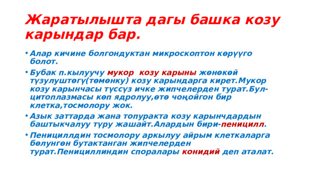 Жаратылышта дагы башка козу карындар бар. Алар кичине болгондуктан микроскоптон көрүүго болот. Бубак п.кылуучу мукор козу карыны жөнөкөй түзулуштөгү(төмөнку) козу карындарга кирет.Мукор козу карынчасы түссүз ичке жипчелерден турат.Бул-цитоплазмасы көп ядролуу,өтө чоңойгон бир клетка,тосмолору жок. Азык заттарда жана топуракта козу карынчдардын баштыкчалуу түру жашайт.Алардын бири- пеницилл . Пенициллдин тосмолору аркылуу айрым клеткаларга бөлунгөн бутактанган жипчелерден турат.Пенициллиндин споралары конидий деп аталат. 
