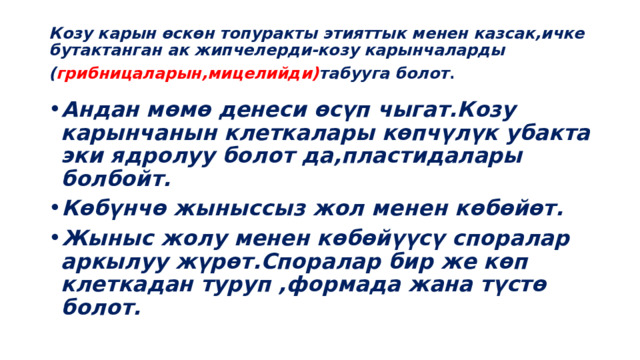 Козу карын өскөн топуракты этияттык менен казсак,ичке бутактанган ак жипчелерди-козу карынчаларды ( грибницаларын,мицелийди) табууга болот . Андан мөмө денеси өсүп чыгат.Козу карынчанын клеткалары көпчүлүк убакта эки ядролуу болот да,пластидалары болбойт. Көбүнчө жыныссыз жол менен көбөйөт. Жыныс жолу менен көбөйүүсү споралар аркылуу жүрөт.Споралар бир же көп клеткадан туруп ,формада жана түстө болот. 