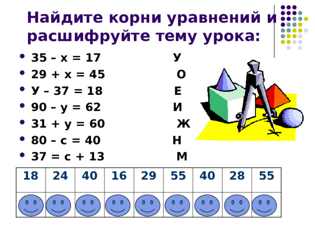 Найдите корни уравнений и расшифруйте тему урока: 35 – х = 17 У 29 + х = 45 О У – 37 = 18 Е 90 – у = 62 И 31 + у = 60 Ж 80 – с = 40 Н 37 = с + 13 М   18 У 24 40 М 16 Н О 29 Ж 55 40 Е 28 Н 55 И Е 