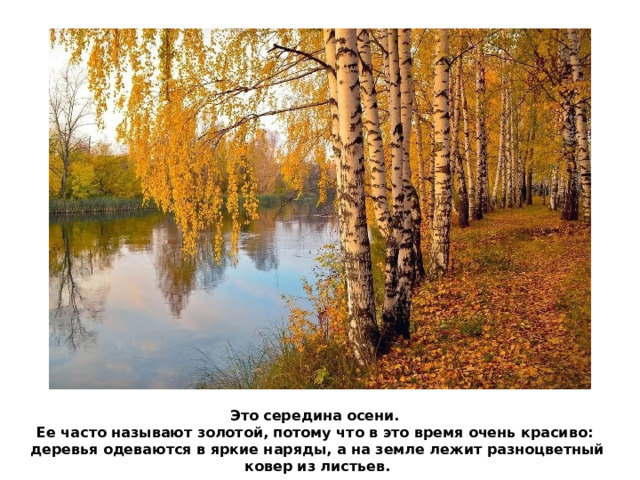 Это середина осени.  Ее часто называют золотой, потому что в это время очень красиво:  деревья одеваются в яркие наряды, а на земле лежит разноцветный ковер из листьев.  