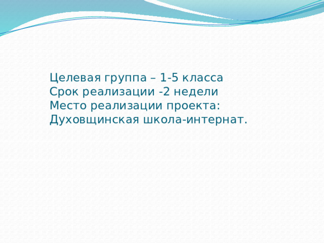  Целевая группа – 1-5 класса  Срок реализации -2 недели  Место реализации проекта:  Духовщинская школа-интернат.      
