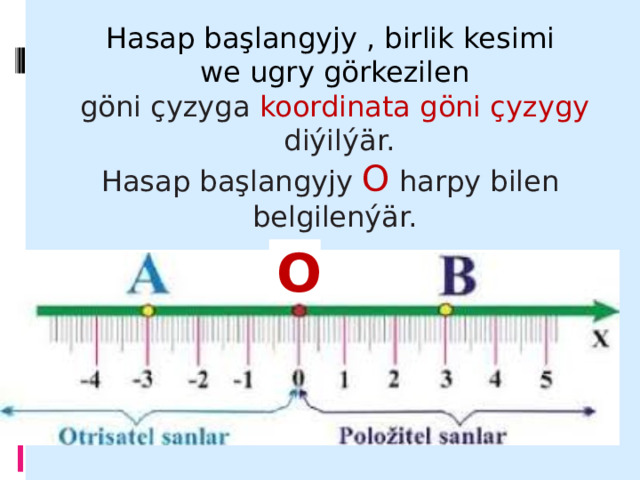 Hasap başlangyjy , birlik kesimi we ugry görkezilen göni çyzyga koordinata göni çyzygy  diýilýär. Hasap başlangyjy O harpy bilen belgilenýär. O 