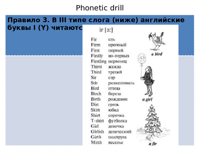 Phonetic drill Правило 3. В III типе слога (ниже) английские буквы I (Y) читаются как [ə:].  