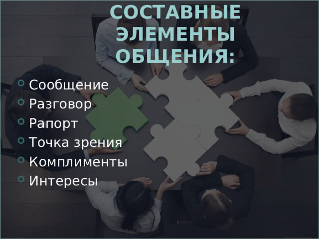 СОСТАВНЫЕ ЭЛЕМЕНТЫ ОБЩЕНИЯ: Сообщение Разговор Рапорт Точка зрения Комплименты Интересы 