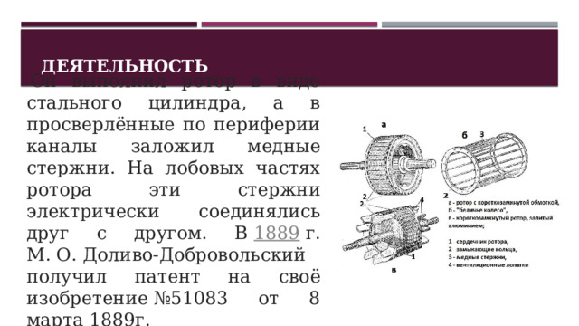 Деятельность   Он выполнил ротор в виде стального цилиндра, а в просверлённые по периферии каналы заложил медные стержни. На лобовых частях ротора эти стержни электрически соединялись друг с другом. В  1889  г. М. О. Доливо-Добровольский получил патент на своё изобретение №51083 от 8 марта 1889г. 1 