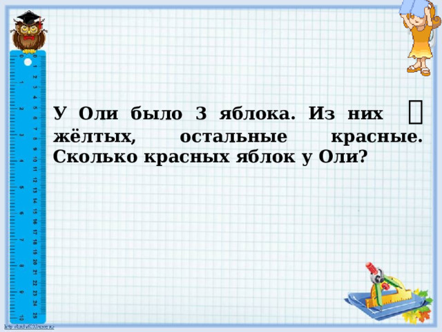 У Оли было 3 яблока. Из них  жёлтых, остальные красные. Сколько красных яблок у Оли? 