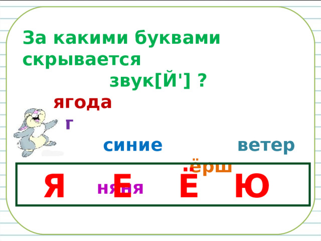 За какими буквами скрывается  звук[Й ' ] ?  ягода  пьют  синие ветер  ёрш  няня     Я Е Ё Ю 