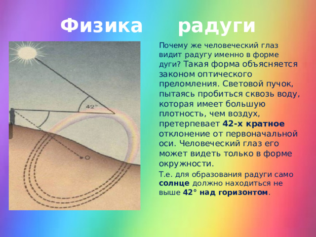 Физика радуги Почему же человеческий глаз видит радугу именно в форме дуги? Такая форма объясняется законом оптического преломления. Световой пучок, пытаясь пробиться сквозь воду, которая имеет большую плотность, чем воздух, претерпевает 42-х кратное отклонение от первоначальной оси. Человеческий глаз его может видеть только в форме окружности. Т.е. для образования радуги само солнце должно находиться не выше 42° над горизонтом . 