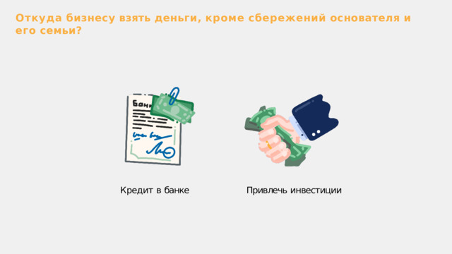Откуда  бизнесу  взять  деньги ,  кроме  сбережений  основателя  и  его  семьи ? Кредит  в  банке Привлечь  инвестиции 