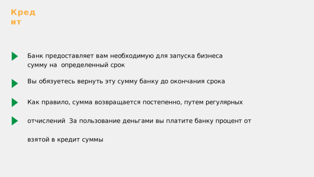 Кредит Банк  предоставляет  вам  необходимую  для  запуска  бизнеса  сумму  на  определенный  срок Вы  обязуетесь  вернуть  эту  сумму  банку  до  окончания  срока Как правило , сумма возвращается постепенно , путем регулярных отчислений  За  пользование  деньгами  вы  платите  банку  процент  от  взятой  в  кредит  суммы 