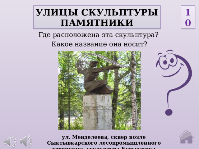 Улицы скульптуры 10 памятники Где расположена эта скульптура? Какое название она носит? ул. Менделеева, сквер возле Сыктывкарского лесопромышленного техникума, скульптура Бумажника  