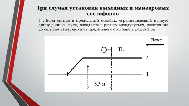Три случая установки выходных и маневровых светофоров 1 . Если сигнал и предельный столбик, ограничивающий полную длину данного пути, находятся в разных междупутьях, расстояние до сигнала измеряется от предельного столбика и равно 3.5м. 