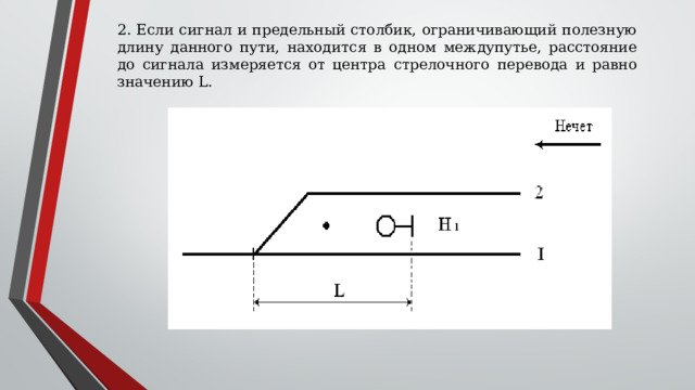 2. Если сигнал и предельный столбик, ограничивающий полезную длину данного пути, находится в одном междупутье, расстояние до сигнала измеряется от центра стрелочного перевода и равно значению L. 