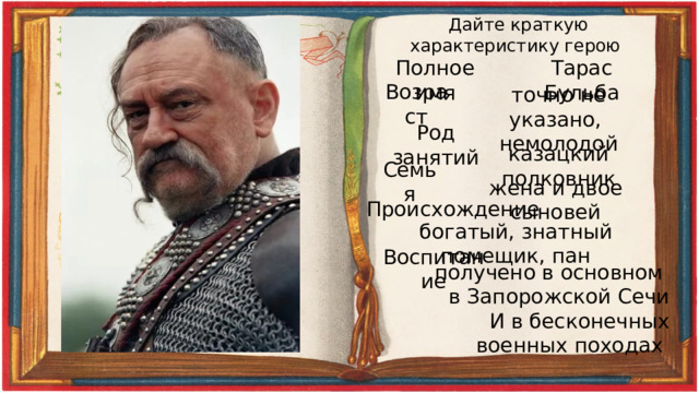 Дайте краткую характеристику герою Полное имя Тарас Бульба Возраст точно не указано, немолодой Род занятий казацкий полковник Семья жена и двое сыновей Происхождение богатый, знатный помещик, пан Воспитание получено в основном в Запорожской Сечи И в бесконечных  военных походах 