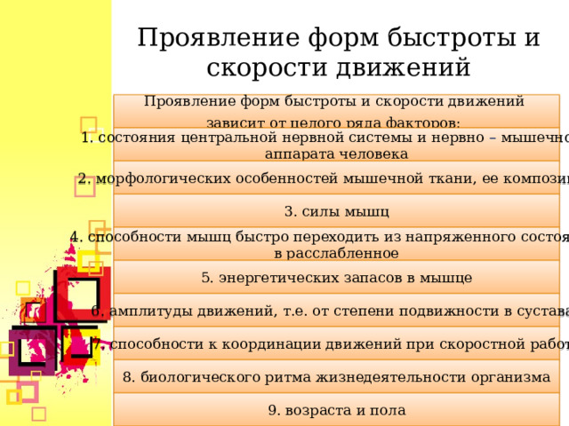 Проявление форм быстроты и скорости движений Проявление форм быстроты и скорости движений зависит от целого ряда факторов:   1. состояния центральной нервной системы и нервно – мышечного аппарата человека 2. морфологических особенностей мышечной ткани, ее композиции 3. силы мышц 4. способности мышц быстро переходить из напряженного состояния в расслабленное 5. энергетических запасов в мышце 6. амплитуды движений, т.е. от степени подвижности в суставах 7. способности к координации движений при скоростной работе 8. биологического ритма жизнедеятельности организма 9. возраста и пола  