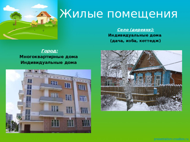 Жилые помещения  Село (деревня): Индивидуальные дома (дача, изба, коттедж)   Город: Многоквартирные дома Индивидуальные дома  